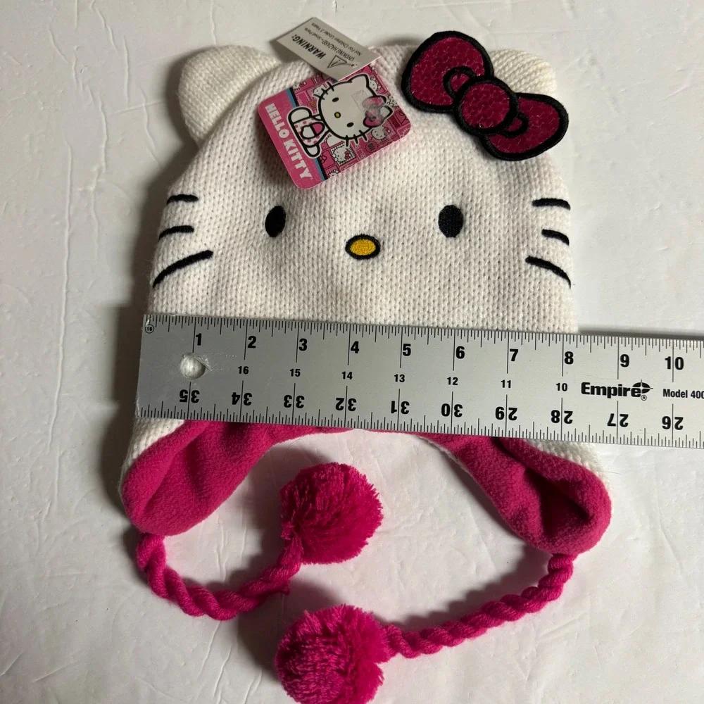 Hello‎ Kitty White Knit Beanie Hat with Pink Fleece Lining and Pom Poms Kids